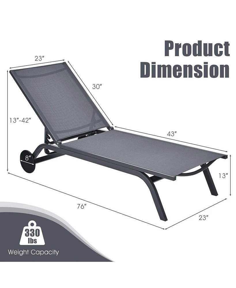 Gymax Set of 2 Patio Chaise Lounge Chair Aluminum Adjustable Recliner w/ Wheels