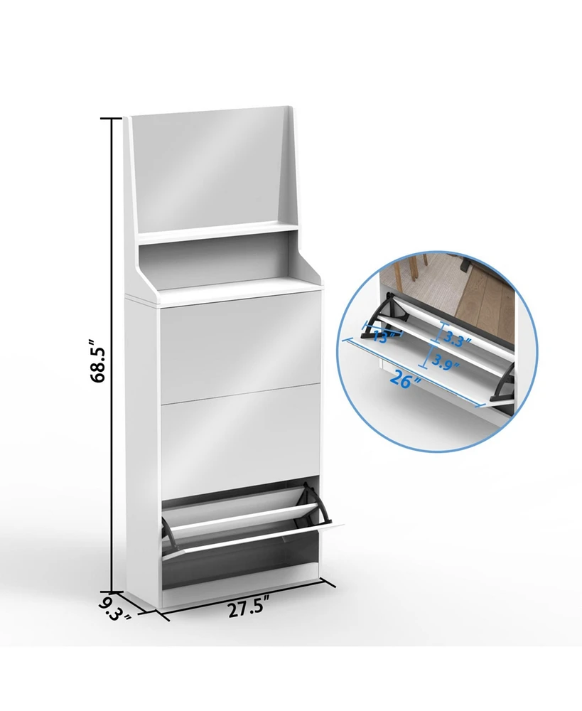Shoe Cabinet with 3 mirrors, Shoe Storage Cabinet for Entryway, Vertical Shoe Cabinet for Front Door Entrance, Outdoor, Bedroom, White Finish