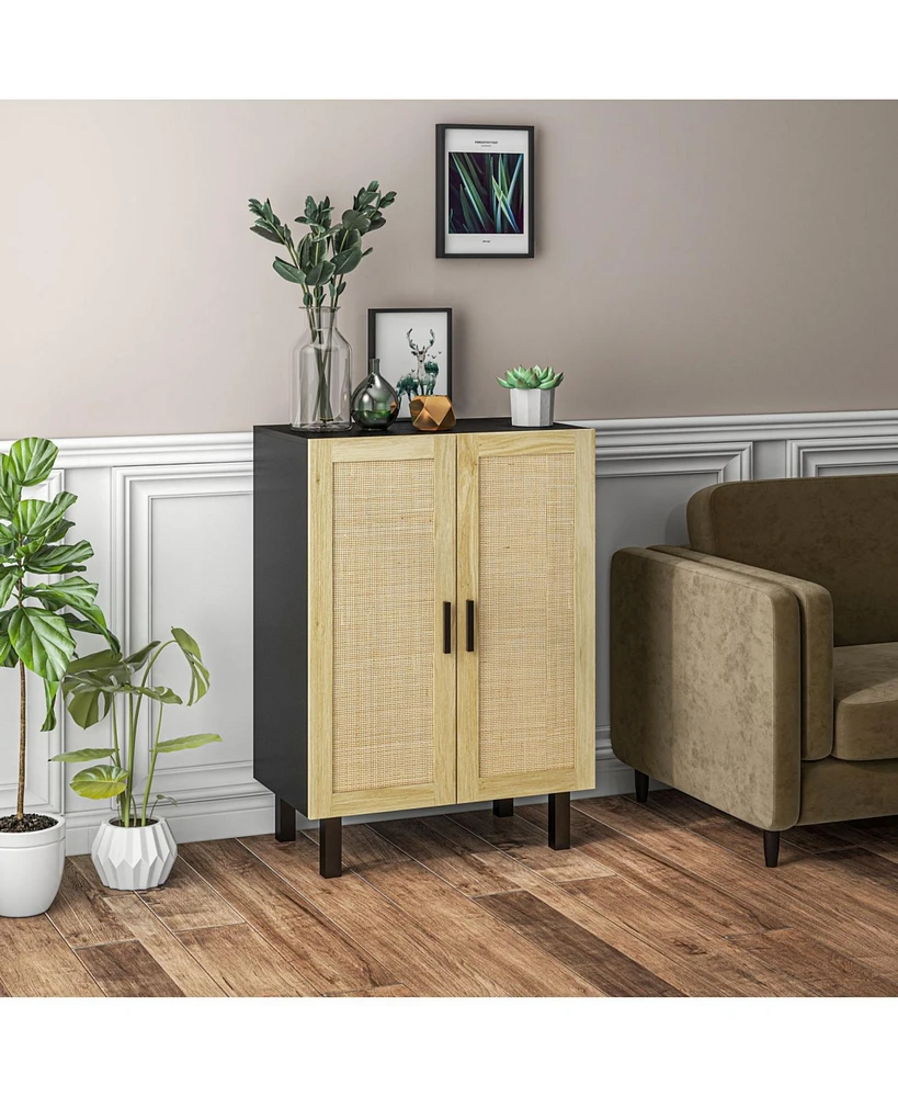 Sideboard Buffet Cabinet, Kitchen Cabinet, Coffee Bar Cabinet with 2 Rattan Doors and Adjustable Shelves