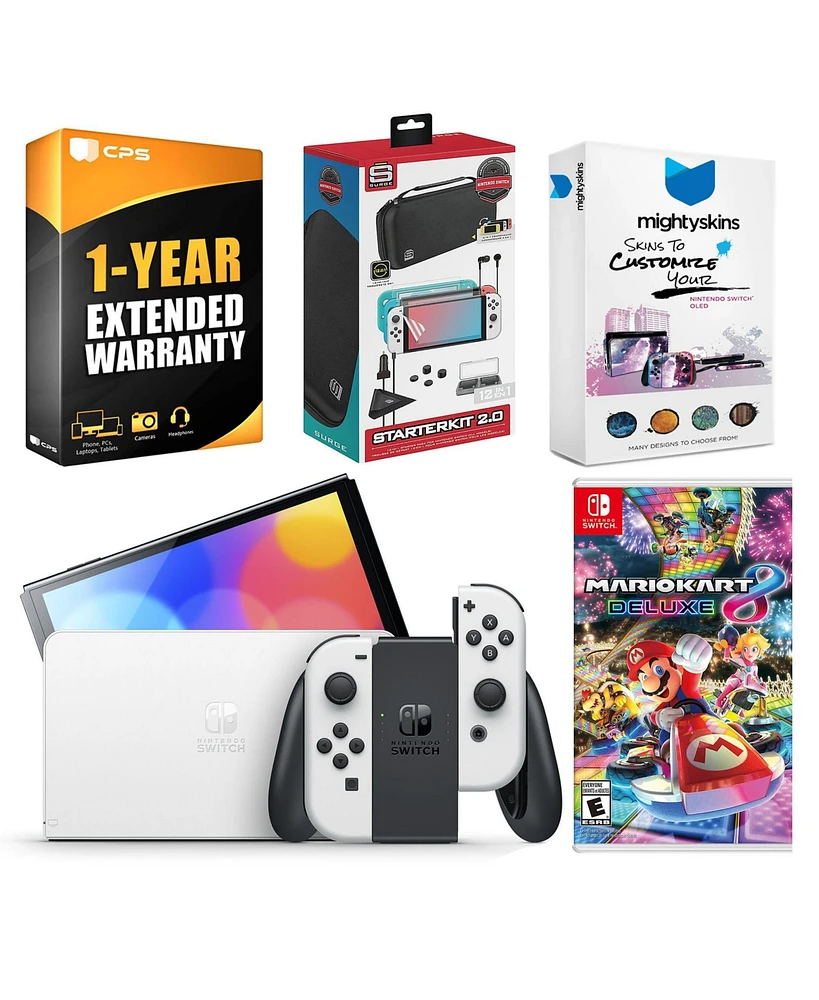 Nintendo Switch White Oled Console with Mario Kart 8 Deluxe, Surge Accessory Gaming Kit, MightySkins Console and Controller Skin Voucher