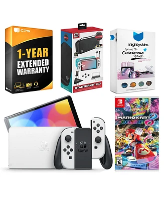 Nintendo Switch White Oled Console with Mario Kart 8 Deluxe, Surge Accessory Gaming Kit, MightySkins Console and Controller Skin Voucher