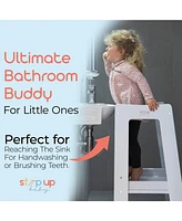 Stepup Baby Toddler Tower with Adjustable Step, White Montessori-Inspired Toddler Step Stool, Standing Tower for Kids, Fits Under Kitchen Counters, Ad