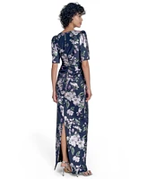 Jessica Howard Women's Petite Floral Print Short Sleeve Boat-neck Gown