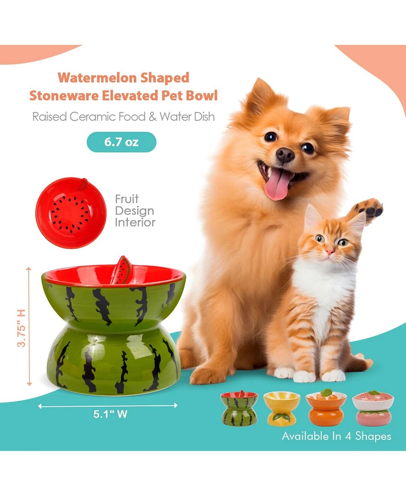 P.t. Supply Co. Watermelon Shaped Stoneware Elevated Pet Bowl, Raised Ceramic Food & Water Dish for Dogs and Cats