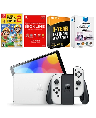 Nintendo Switch White Oled Console with Mario Maker 2 , Nso 12 Month Family Membership, MightySkins Console and Controller Skin Voucher