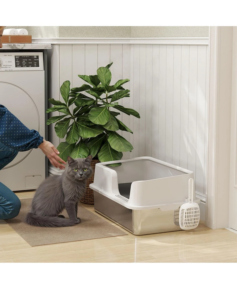 PawHut Stainless Steel Litter Box, Enclosed Cat Litter Box, Light