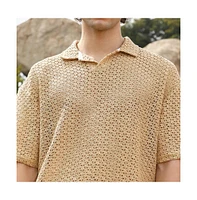 Campus Sutra Men's Buff Beige Lozenge Oversized Polo T-Shirt
