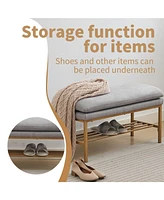 End of Bed Bench with Shelf, Linen Upholstered Storage Shoe Bench, Modern Bedroom Bench with Metal Legs for Living Room, Entryway, Dining Room, 300 Lb