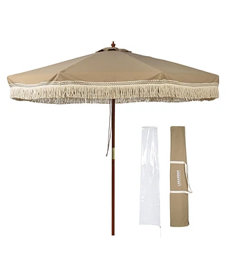 LAGarden Boho 9' Fringe Patio Umbrella with Tassels UPF50+ Boho Style 5-Year-Non-Fading for Outdoor Yard Market Mocha Meander
