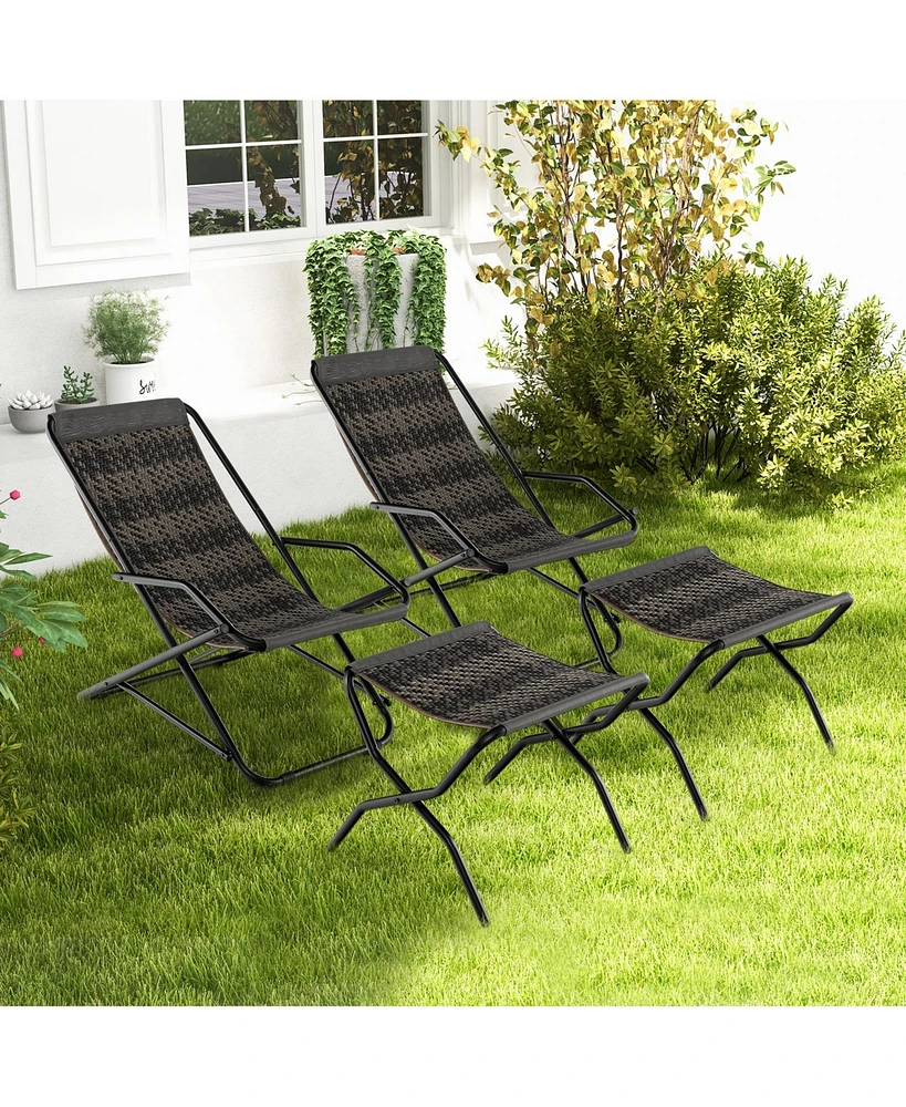 2 Pcs Patio Folding Rattan Sling Chair Rocking Lounge Chaise Armrest Garden