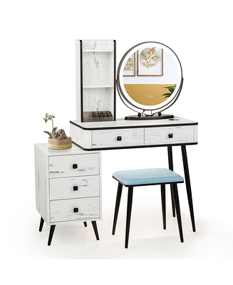 Vanity Table Set with 3-Color Lighted Mirror and Cushioned Stool