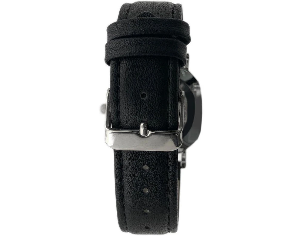 Peugeot Men's 40mm Black Dial Silver Super Slim Case Leather Strap Watch
