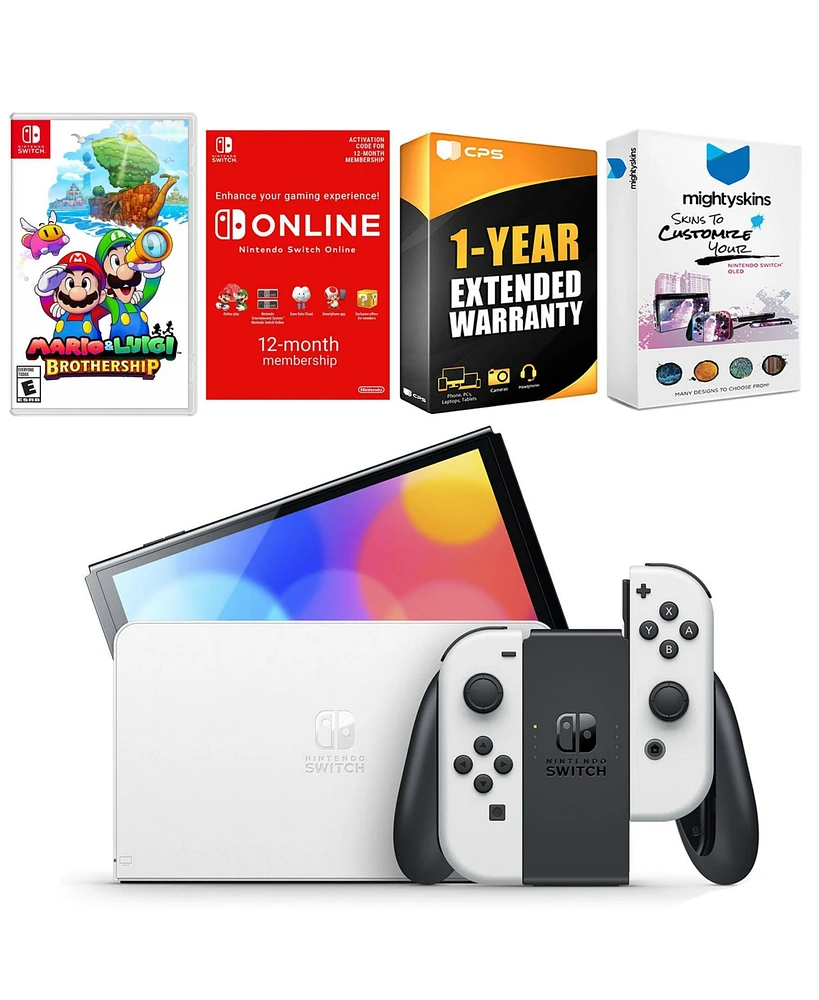 Nintendo Switch White Oled Console with Mario & Luigi: Brothership, Nso 12 Month Family Membership, MightySkins Console and Controller Skin Voucher