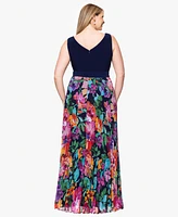 Xscape Plus V-Neck Sleeveless Printed-Skirt Gown