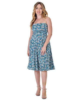 24seven Comfort Apparel Petite Teal Floral Strapless Tube Top Flowy Knee Length Dress
