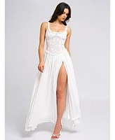 Miss Circle Women's Ulissa White Square Neck Jacquard Textured High Slit Maxi Dress