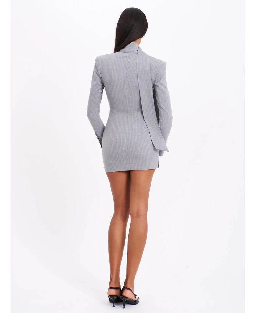 Miss Circle Women's Tahlia Deep V Pinstripes Gray Blazer Dress with scarf collar