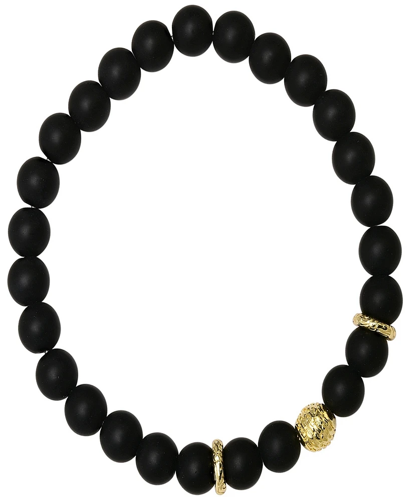 Steeltime Men's 14K Gold Plated Sterling Silver and Black Lava Beaded Stretch Bracelet