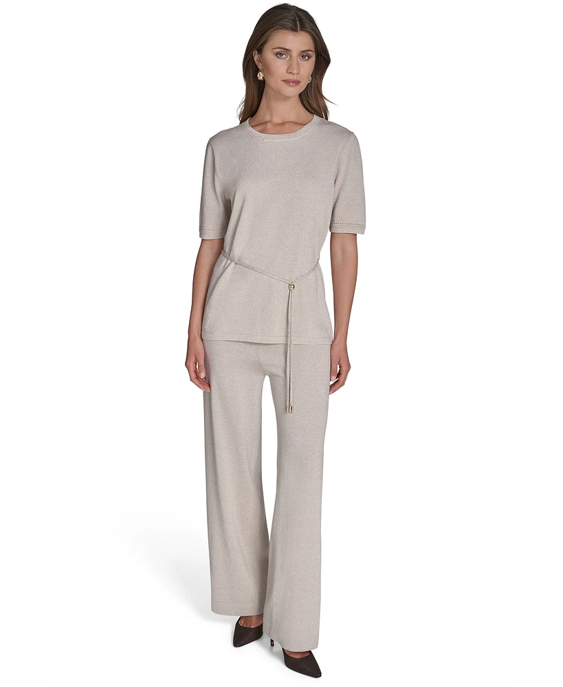 Halston Women's Metallic Tie-Waist Round-Neck Top