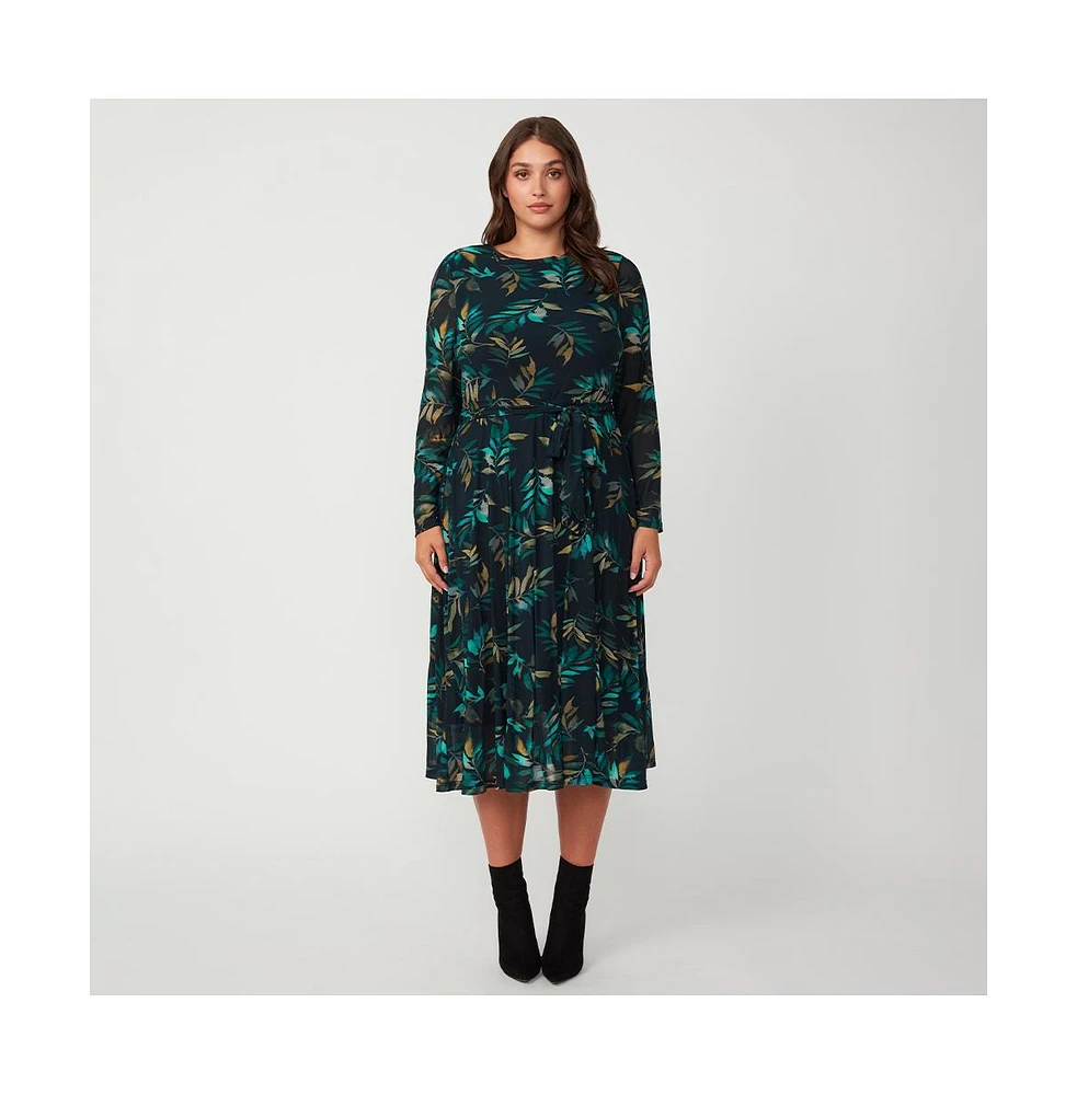 Estelle Foliage Whisper Green Black Floral Mesh Midi Dress