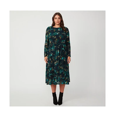 Estelle Foliage Whisper Green Black Floral Mesh Midi Dress