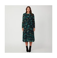 Estelle Foliage Whisper Green Black Floral Mesh Midi Dress