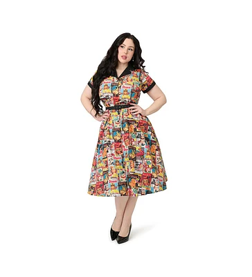Unique Vintage Plus Size Collared Short Sleeved Belted Alexis Swing Dress