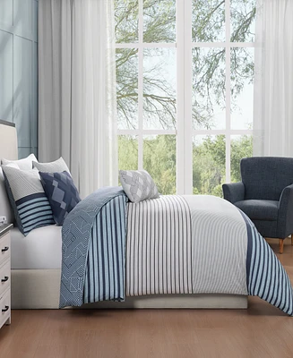 Bebejan Blue Geo Lines Bedding 100% Cotton Sateen 5 Piece King Size Reversible Comforter Set