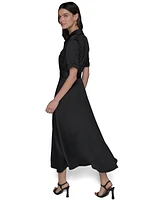 Karl Lagerfeld Paris Women's Belted Satin Shirtdress With Collared Neck