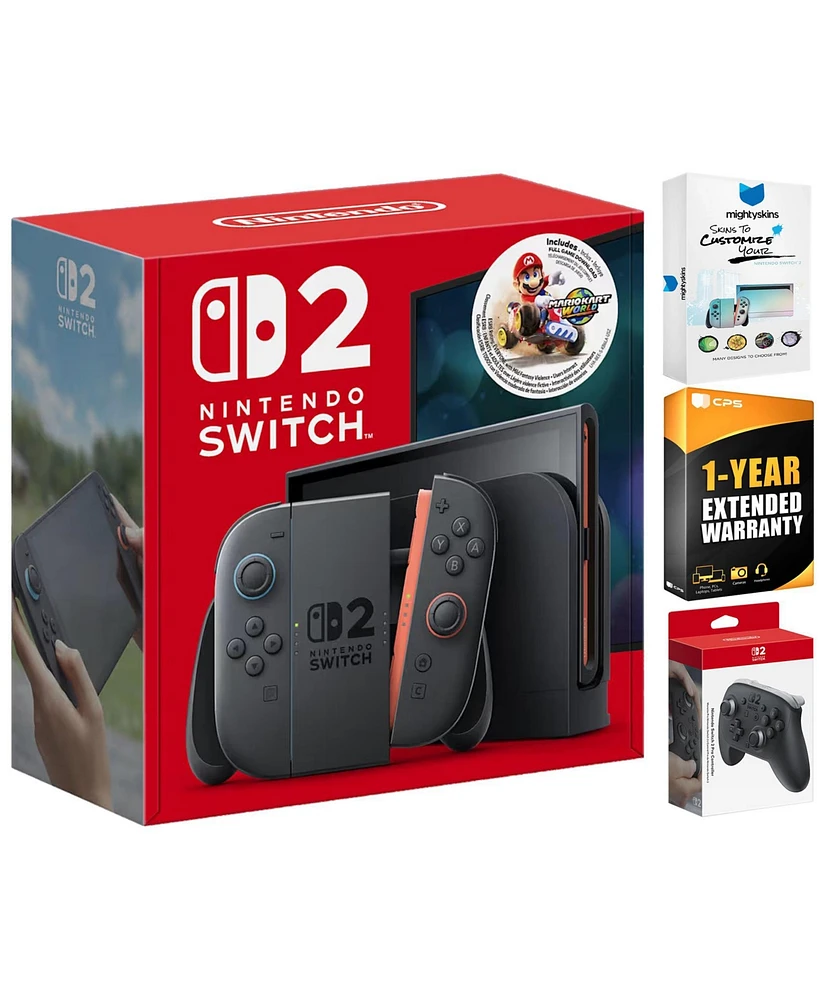 Nintendo Switch 2 Mario Kart World Bundle with Pro Controller, MightySkins Code and 1 Cps Year Extended Warranty