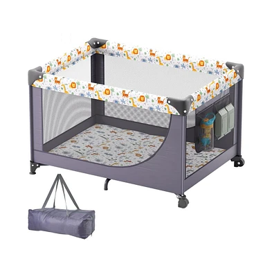 Slickblue Toddler Playpen Quick-Folding Portable Fence Play Yard & Wheels