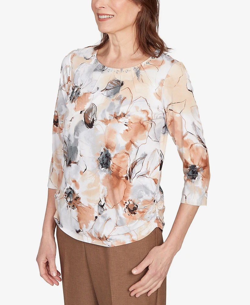 Alfred Dunner Women's Watercolor Floral Gathered Sides Crew Neck Top