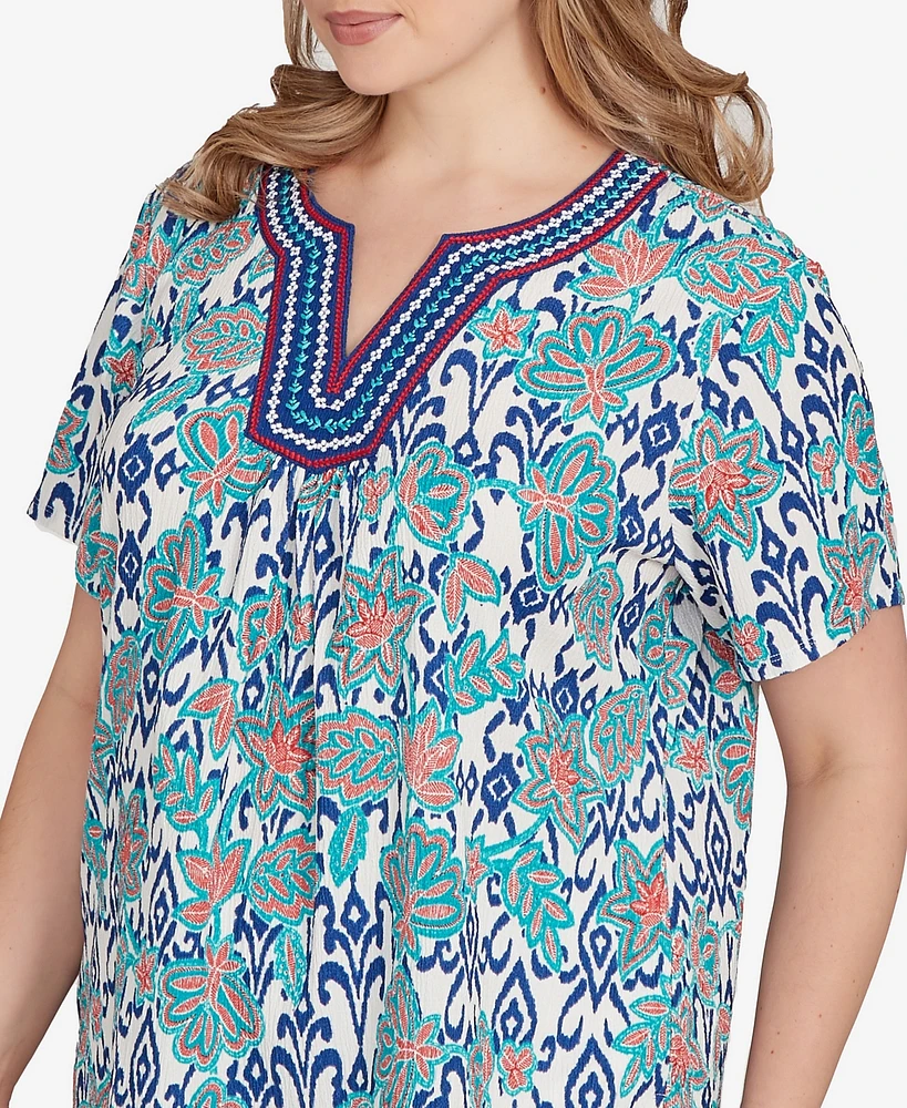 Ruby Rd. Plus Floral Overlay Ikat Embroidered Top