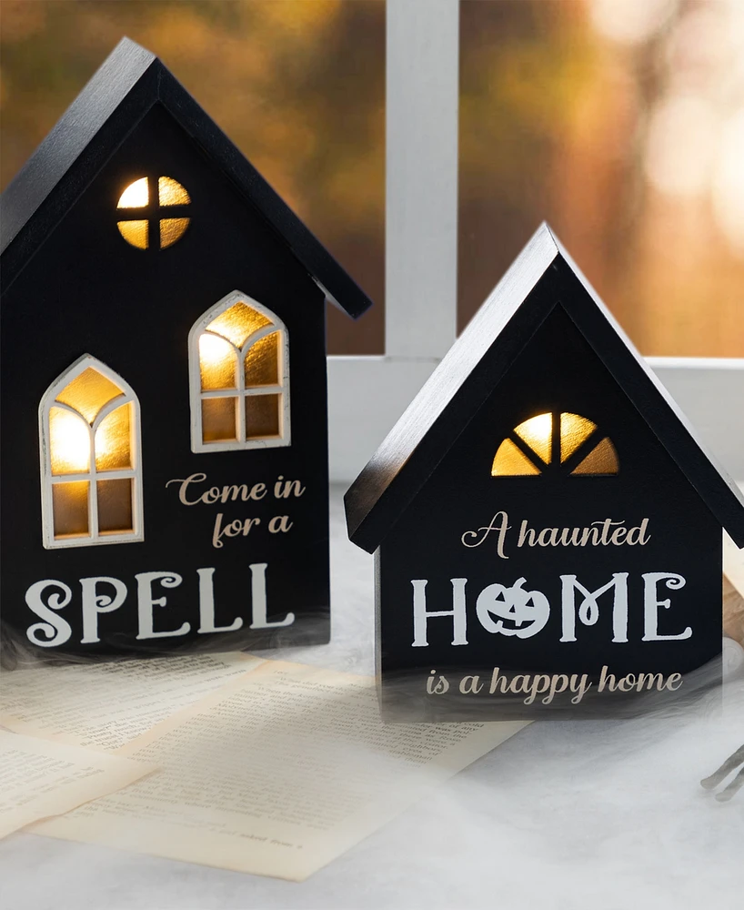 Glitzhome Lighted Halloween Wooden House-shaped Table Decor, Set of 2