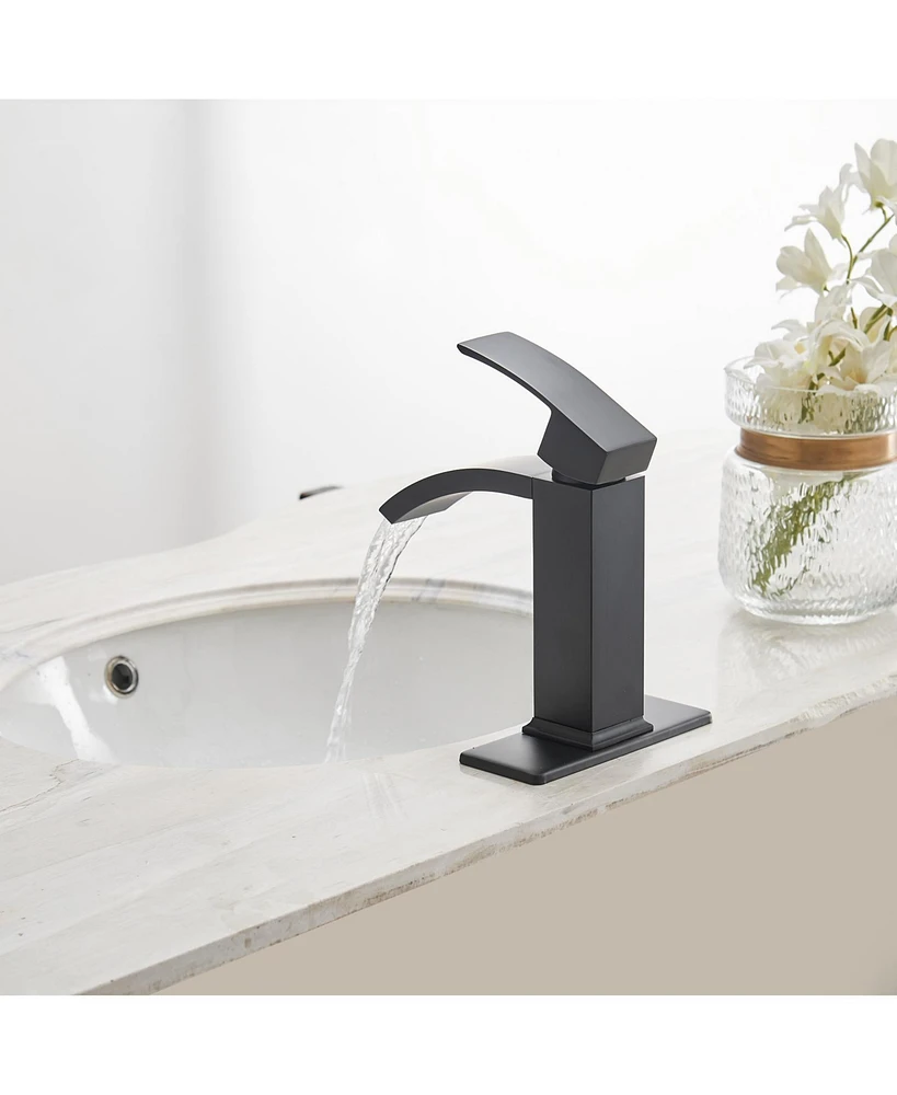 Greenspring Waterfall Single Hole Single-Handle Low-Arc Bathroom Sink Faucet With Pop-up Drain Assembly In Matte Black