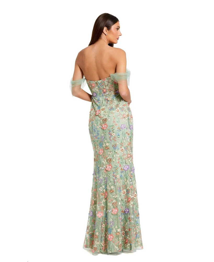 Mac Duggal Women's Off The Shoulder Bustier Emboridered Net Gown