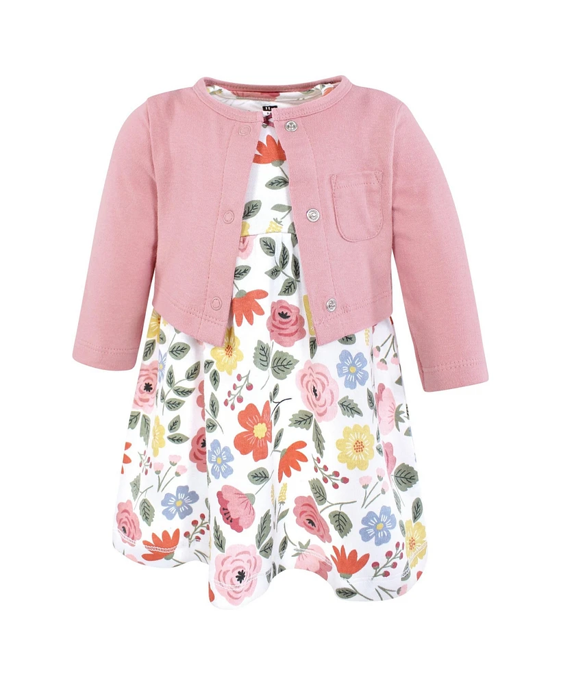 Hudson Baby Girls Cotton Dress and Cardigan Set, Mauve Modern Botanical, 12-18 Months