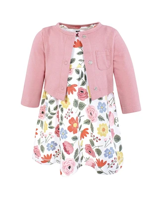 Hudson Baby Girls Cotton Dress and Cardigan Set, Mauve Modern Botanical, 12-18 Months