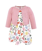 Hudson Baby Girls Cotton Dress and Cardigan Set, Mauve Modern Botanical, 12-18 Months