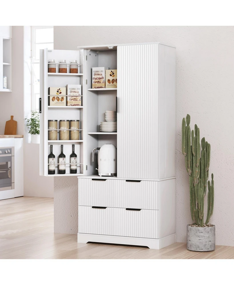 Streamdale Furniture 72" Fluted Pantry Cabinet w/ Drawers & Spice Rack - White