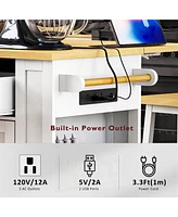 Casainc Kitchen Island with Drop Leaf, Power Outlet, Rubber Wood Top, Rack, Open Storage, Adjustable Shelves (No Stools)