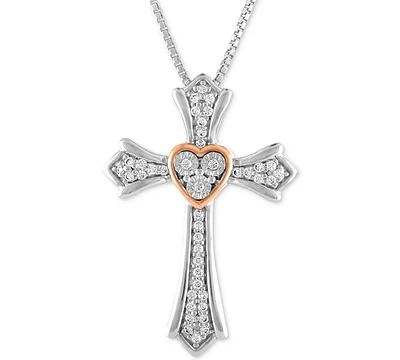 Diamond Cross Pendant Necklace (1/10 ct. t.w.) in Sterling Silver & 14k Rose Gold