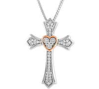 Diamond Cross Pendant Necklace (1/10 ct. t.w.) in Sterling Silver & 14k Rose Gold
