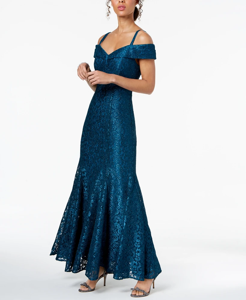 R & M Richards Off-The-Shoulder Lace Gown