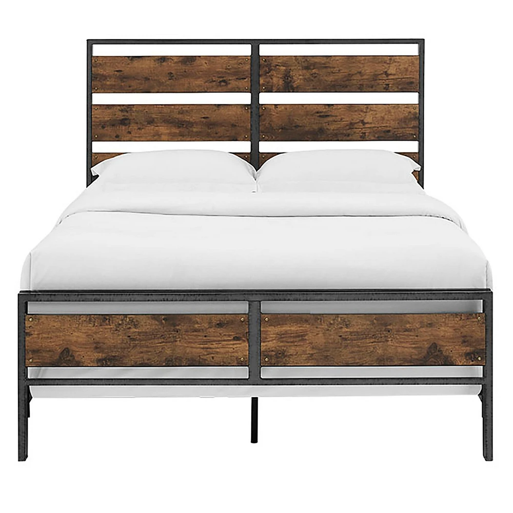 Walker Edison Queen Size Metal and Wood Plank Bed
