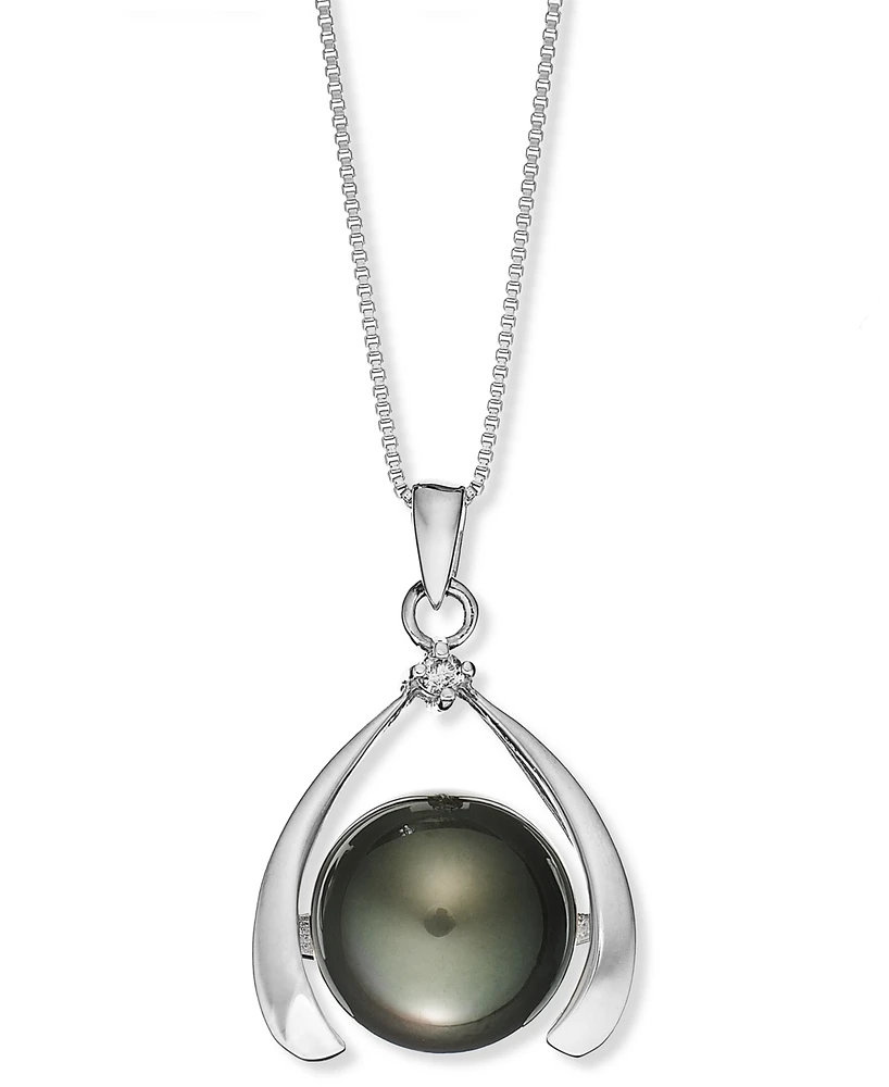Sterling Silver Necklace, Cultured Tahitian Pearl (11mm) and Diamond Accent Pendant