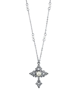 2028 Silver Tone Filigree Cross with Simulated Pearl Crystal Accent Necklace 16" Adjustable