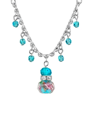 2028 Silver Tone Aqua Pink Flower Beaded Drop Necklace 16" Adjustable