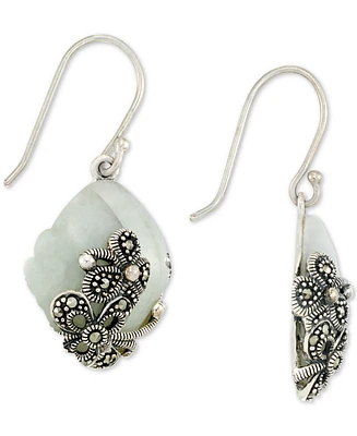 Jade (15 x 20 x 4mm) & Marcasite Flower Drop Earrings in Sterling Silver