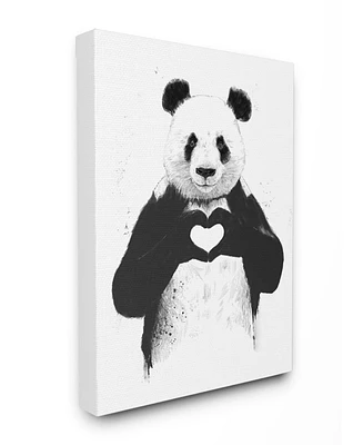 Stupell Industries Black and White Panda Bear Making A Heart Ink Illustration Stretched Canvas Wall Art, 16" L x 20" H